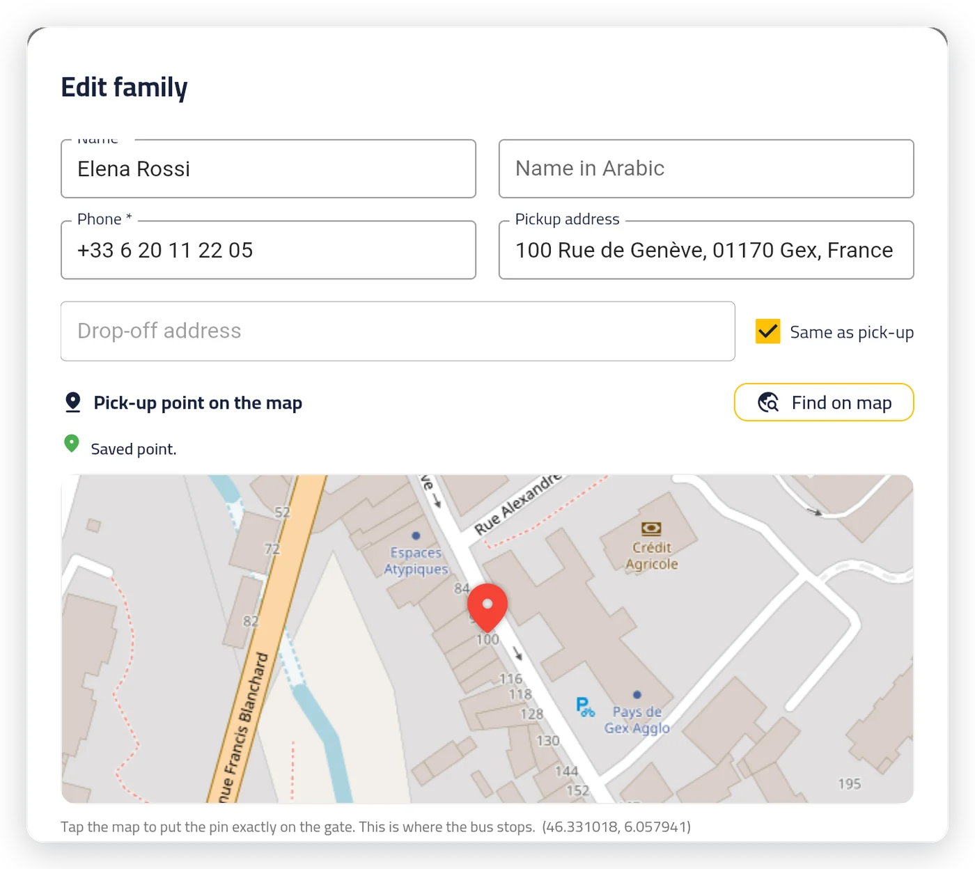 Family form with the pick-up point on the map