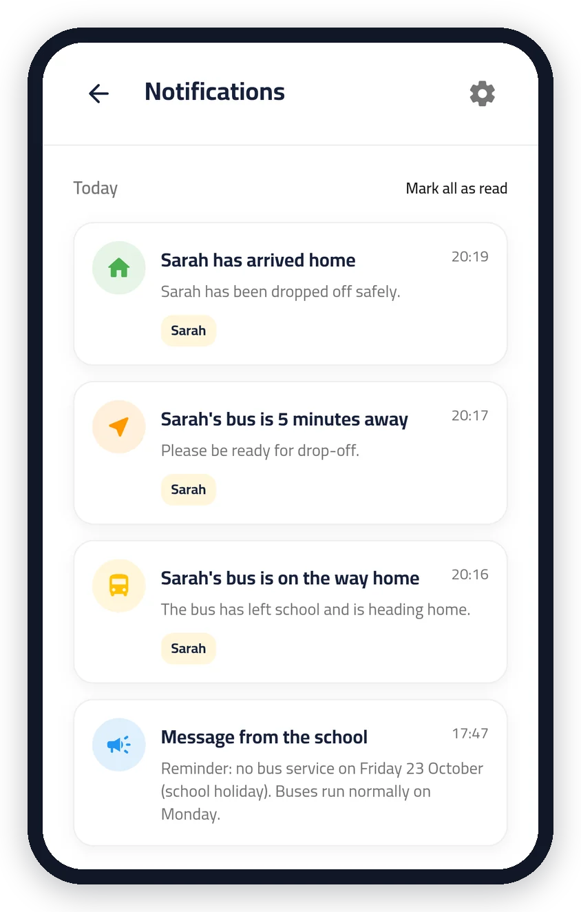 Notifications: bus 5 minutes away, arrived home